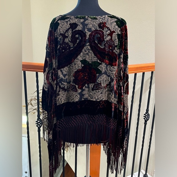 MONACO BURNOUT Velvet Paisley Fringe Poncho, Silk RAYON BLEND: - Picture 6 of 11
